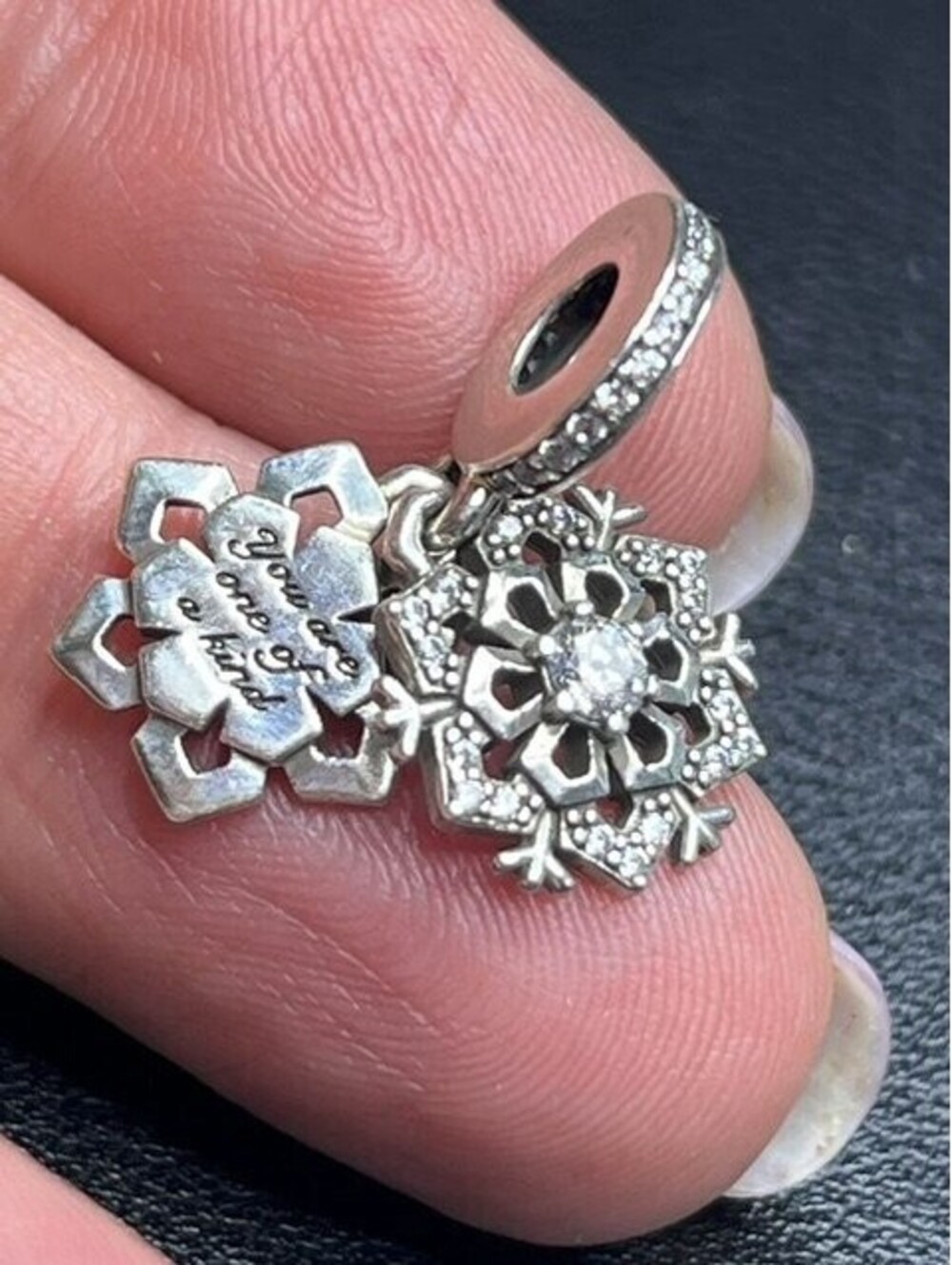 B7526 Pandora Snowflake Dangle Charm Sterling Silver CZ "You are one of a kind"